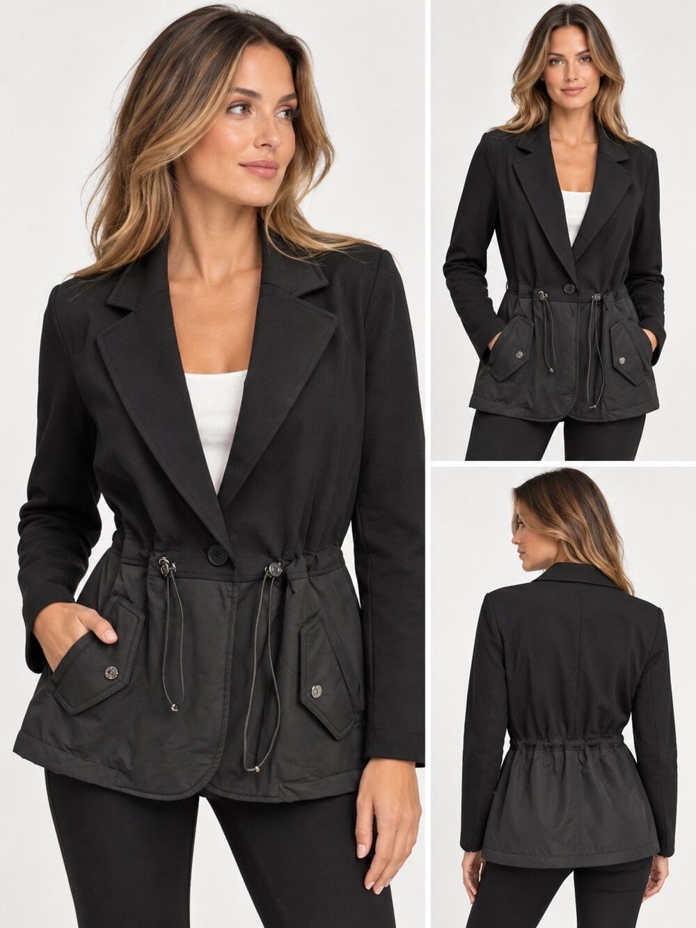 Anatomie Black Mixed Media Cinch Waist Utility Blazer Jacket